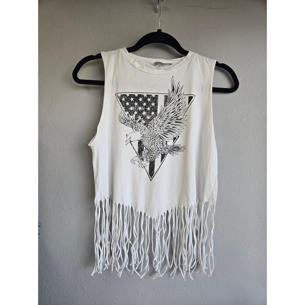 Charlotte Russe White Eagle Graphic Fringe Muscle Tank Top Small Y2K